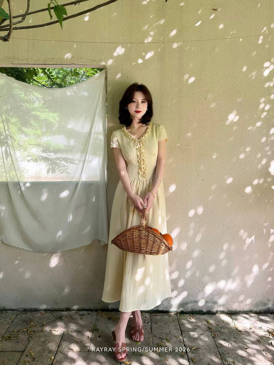 Lei Yingjun's [Creamy Rose] Gentle Style Dress for Women, Summer, V-neck, Ruffled Trim, Slimming Long Dress