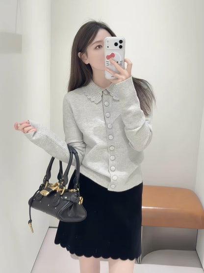 JULY START Shenzhen Premium Quality – Early Spring New Arrival: 100% Wool Single-Breasted Knit Top with Crochet Peter Pan Collar