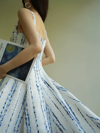 Aconiconi｜Porcelain Blue Elegant Heavy-Duty Light-Head Dress Hepburn Goddess High-End Sleeveless Slim Dress