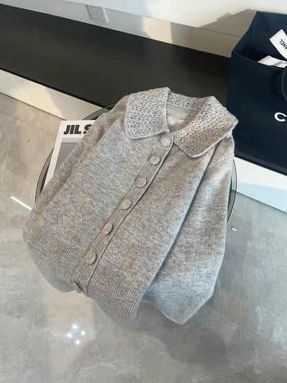 JULY START Shenzhen Premium Quality – Early Spring New Arrival: 100% Wool Single-Breasted Knit Top with Crochet Peter Pan Collar