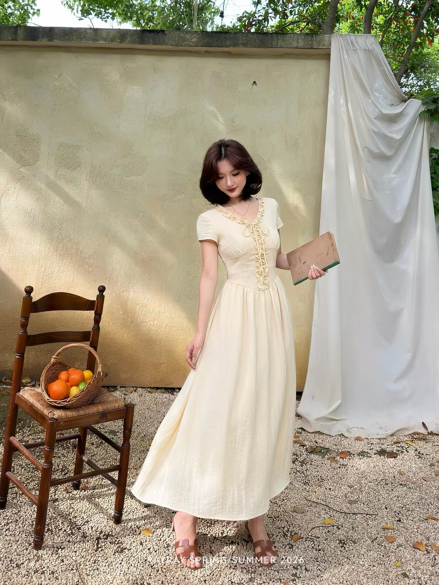 Lei Yingjun's [Creamy Rose] Gentle Style Dress for Women, Summer, V-neck, Ruffled Trim, Slimming Long Dress