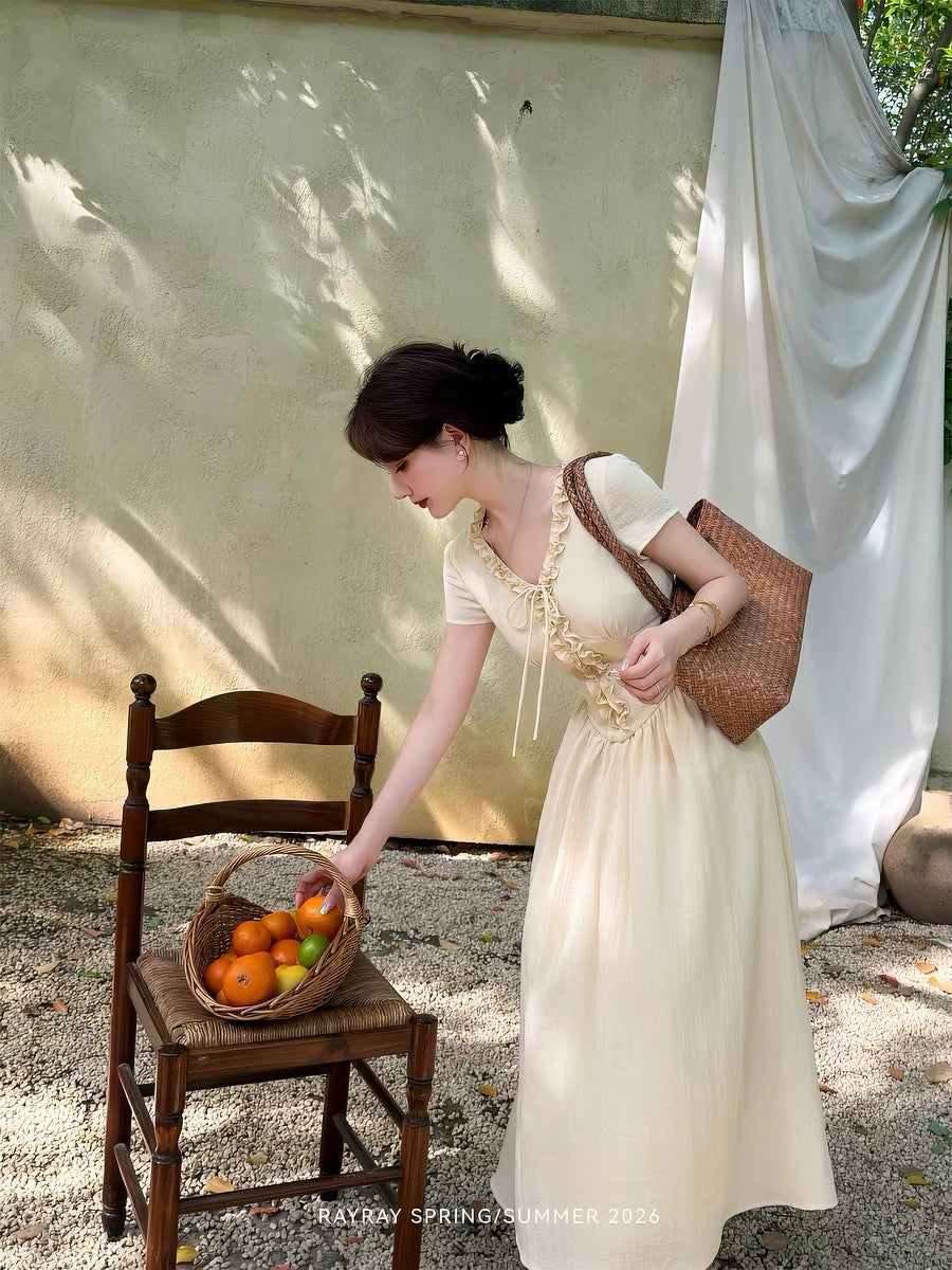 Lei Yingjun's [Creamy Rose] Gentle Style Dress for Women, Summer, V-neck, Ruffled Trim, Slimming Long Dress