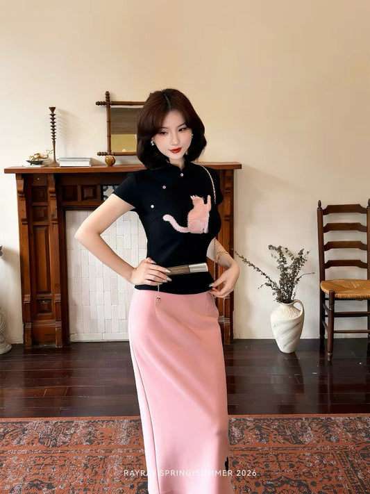 New Chinese Style Lei Yingjun [Cat Paw Sweet Cherry] Cat Embroidery Set Women's Cheongsam Top and Bodycon Skirt
