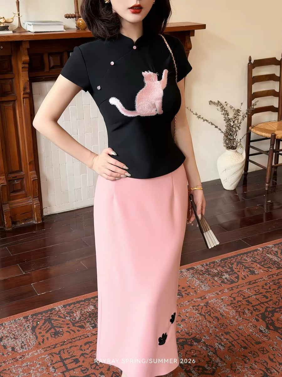 New Chinese Style Lei Yingjun [Cat Paw Sweet Cherry] Cat Embroidery Set Women's Cheongsam Top and Bodycon Skirt