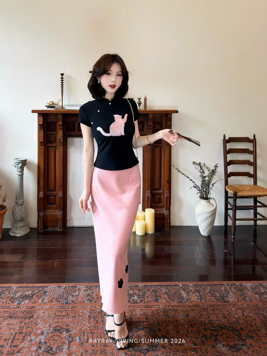 New Chinese Style Lei Yingjun [Cat Paw Sweet Cherry] Cat Embroidery Set Women's Cheongsam Top and Bodycon Skirt