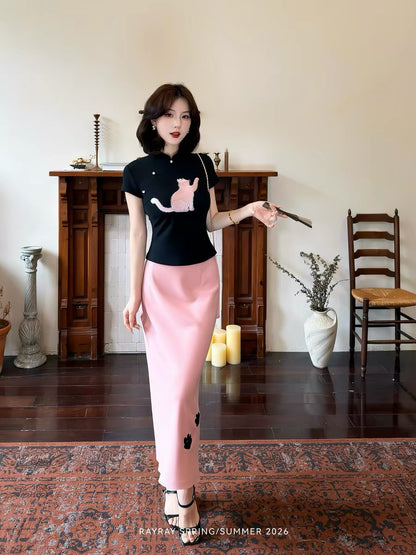 New Chinese Style Lei Yingjun [Cat Paw Sweet Cherry] Cat Embroidery Set Women's Cheongsam Top and Bodycon Skirt