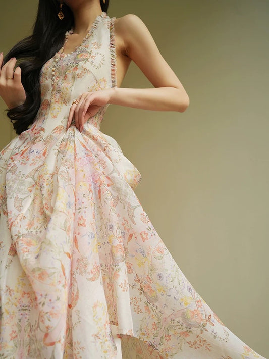 Aconiconi｜Huamu French romantic holiday style halterneck floral muse halterneck long dress for women