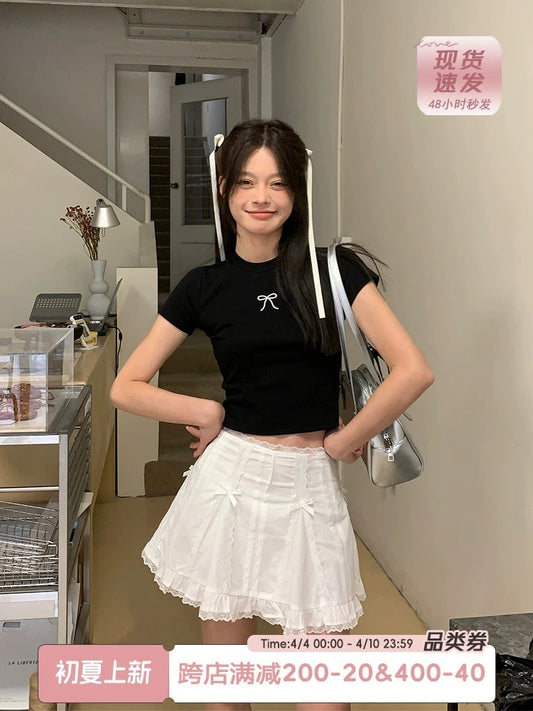 Song Zhengen bow lace white skirt women's new summer slim pleated A-line short skirt