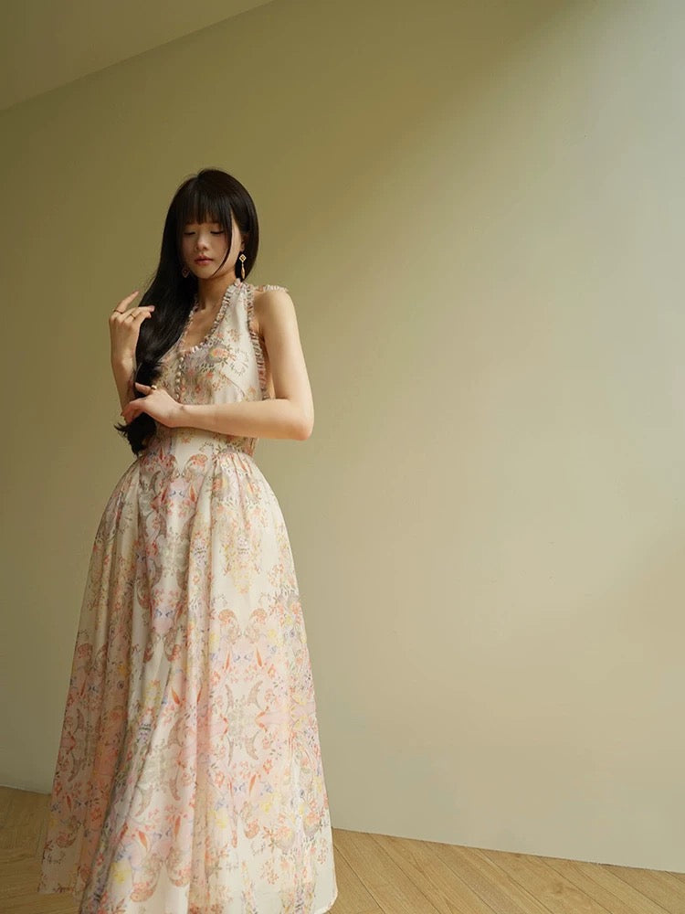 Aconiconi｜Huamu French romantic holiday style halterneck floral muse halterneck long dress for women