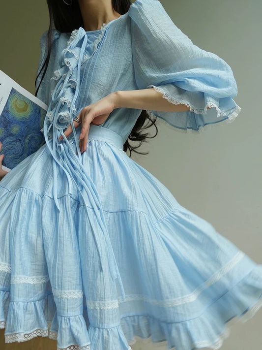 Aconiconi｜Wuhai Sweet French Elegant Heavy Lace Splicing Set Lyocell Shirt Skirt