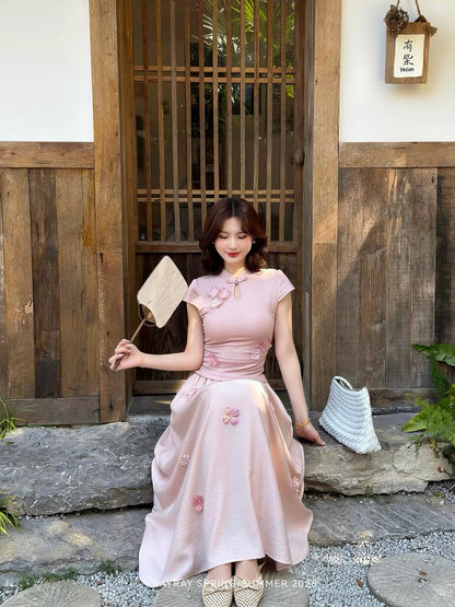 New Chinese style, elegant and handsome [Yun Ying Dai] women's set, slimming top with three-dimensional floral full skirt.