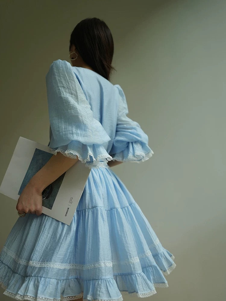 Aconiconi｜Wuhai Sweet French Elegant Heavy Lace Splicing Set Lyocell Shirt Skirt