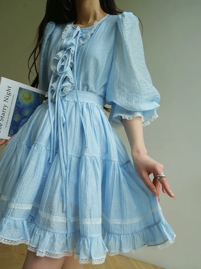 Aconiconi｜Wuhai Sweet French Elegant Heavy Lace Splicing Set Lyocell Shirt Skirt