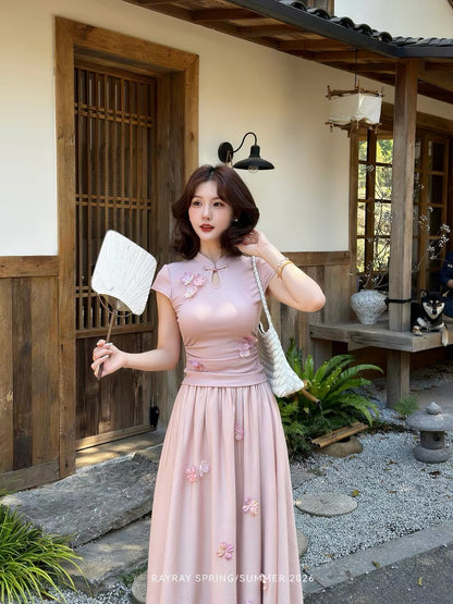 New Chinese style, elegant and handsome [Yun Ying Dai] women's set, slimming top with three-dimensional floral full skirt.