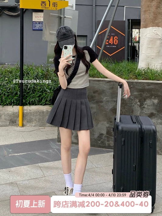 Song Xiaoen gray pleated skirt for women 2024 summer new high-waisted A-line slimming short skirt for small people