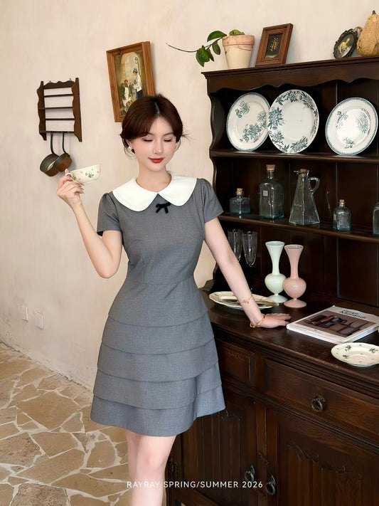 Lei Yingjun's Korean-style preppy color-blocked Peter Pan collar dress for women, summer fitted waist cake skirt.
