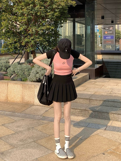 Song Xiaoen gray pleated skirt for women 2024 summer new high-waisted A-line slimming short skirt for small people