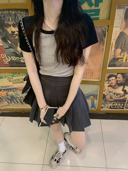 Song Xiaoen gray pleated skirt for women 2024 summer new high-waisted A-line slimming short skirt for small people