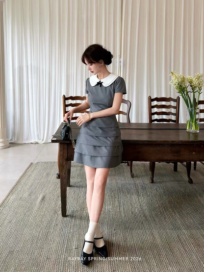 Lei Yingjun's Korean-style preppy color-blocked Peter Pan collar dress for women, summer fitted waist cake skirt.