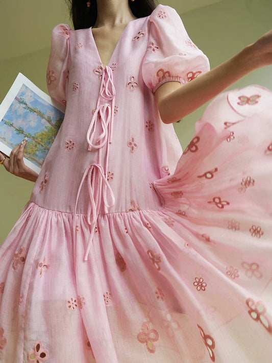 Aconiconi｜Xiahua French sweet dopamine age-reducing playful girlish heavy machine embroidery dress summer