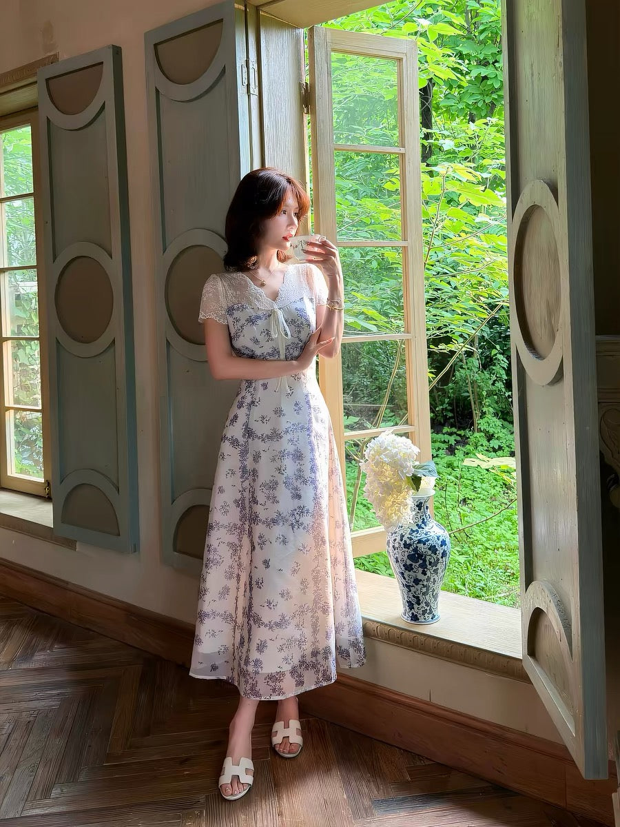 Lei Yingjun's "Lily of the Valley Morning Dew" French-style Gentle Floral Dress for Women - Summer Lace Waist-cinching Slimming Elegant Long Dress