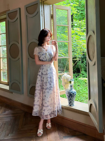 Lei Yingjun's "Lily of the Valley Morning Dew" French-style Gentle Floral Dress for Women - Summer Lace Waist-cinching Slimming Elegant Long Dress