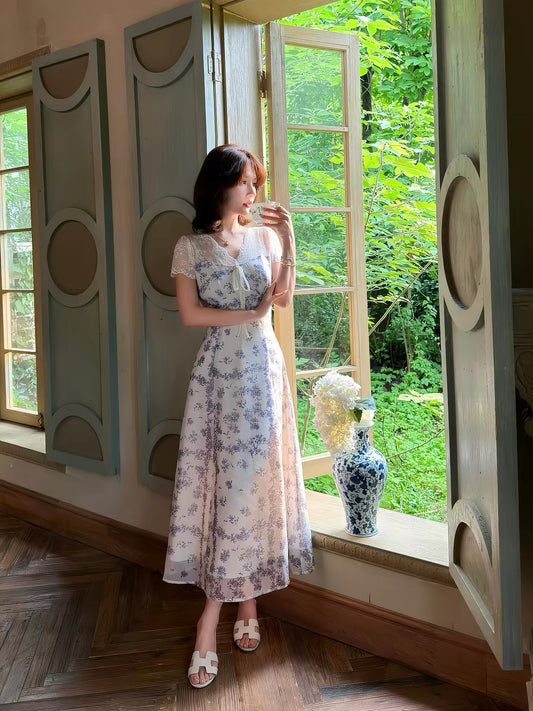 Lei Yingjun's "Lily of the Valley Morning Dew" French-style Gentle Floral Dress for Women - Summer Lace Waist-cinching Slimming Elegant Long Dress