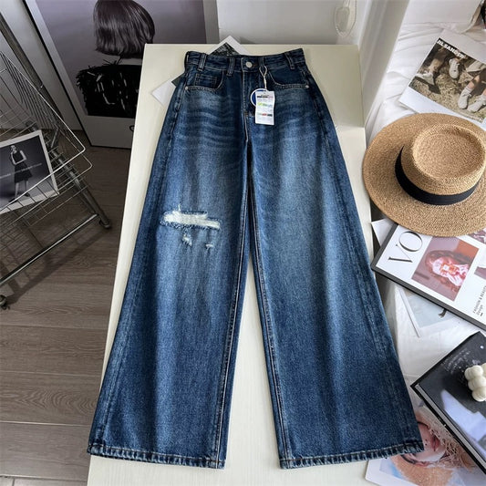 Stylish Design! ~ Relaxed, ripped, high-waisted, slim-fit wide-leg jeans for women, new autumn style, retro straight leg floor-length pants.