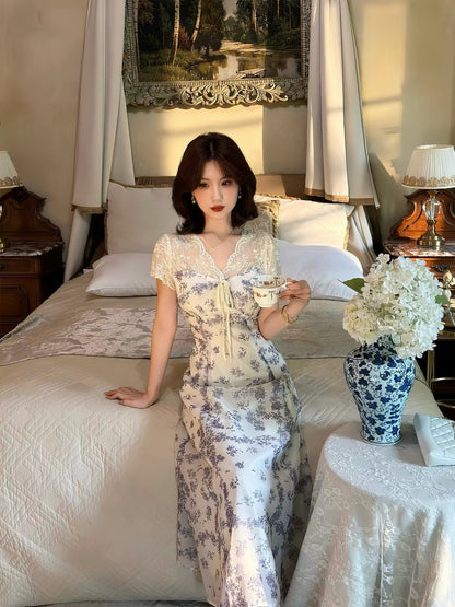 Lei Yingjun's "Lily of the Valley Morning Dew" French-style Gentle Floral Dress for Women - Summer Lace Waist-cinching Slimming Elegant Long Dress