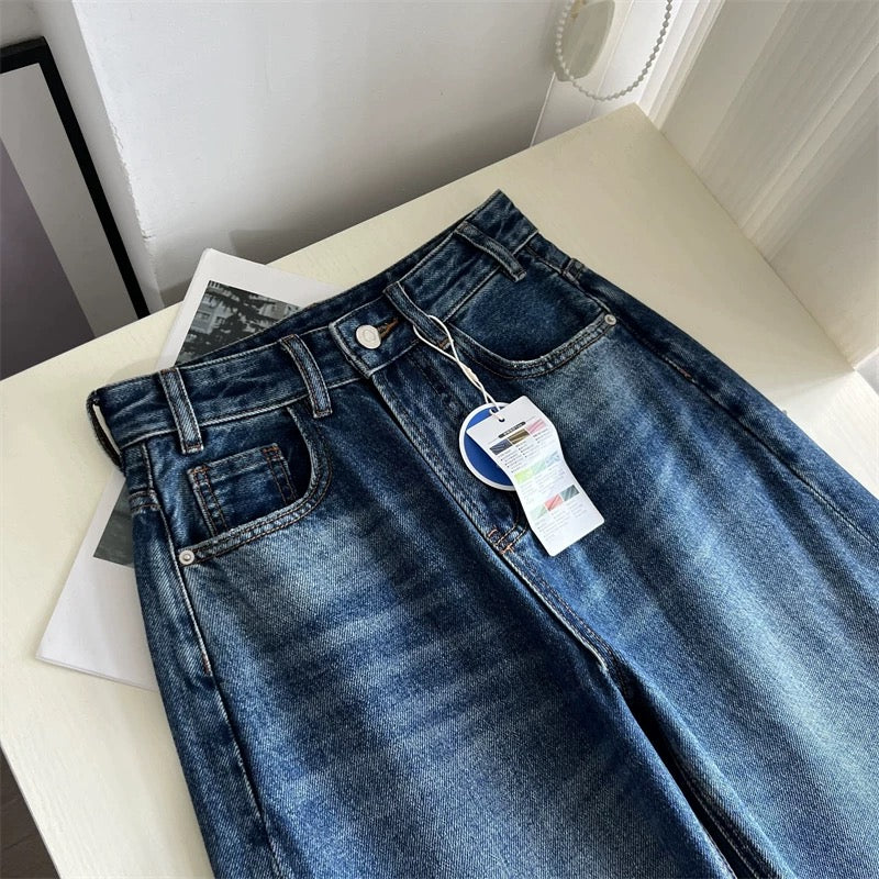 Stylish Design! ~ Relaxed, ripped, high-waisted, slim-fit wide-leg jeans for women, new autumn style, retro straight leg floor-length pants.