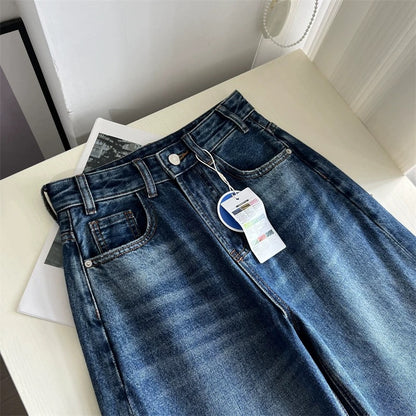 Stylish Design! ~ Relaxed, ripped, high-waisted, slim-fit wide-leg jeans for women, new autumn style, retro straight leg floor-length pants.