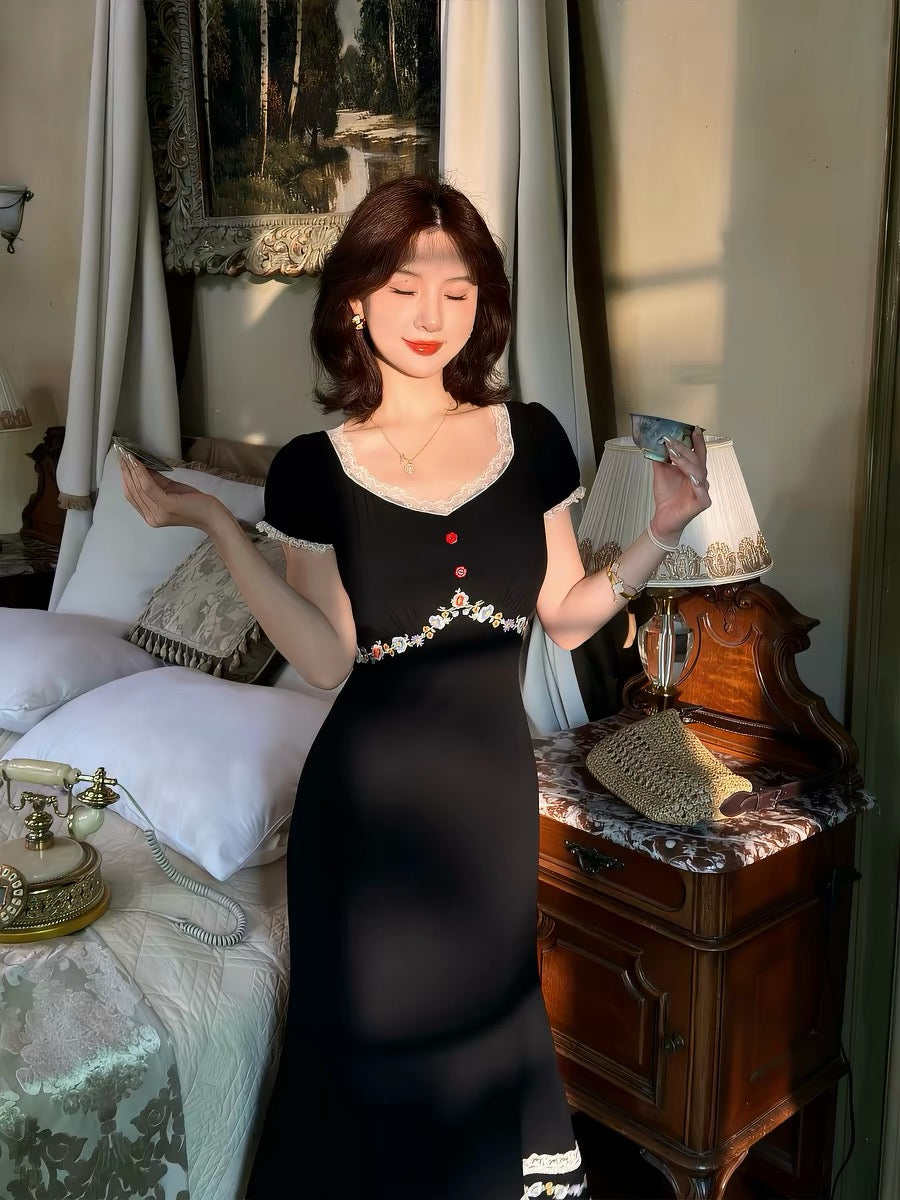 Lei Yingjun [Edward's Dream] French Retro Black Heavy Embroidered Lace Long Dress Summer Slimming Dress