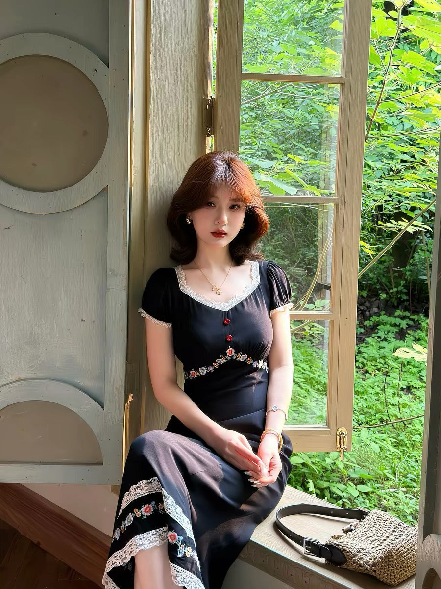 Lei Yingjun [Edward's Dream] French Retro Black Heavy Embroidered Lace Long Dress Summer Slimming Dress