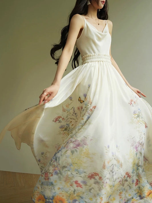 Aconiconi｜Flower Language French romantic high-end printed seaside vacation long skirt umbrella skirt for women