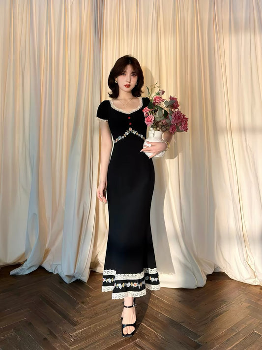 Lei Yingjun [Edward's Dream] French Retro Black Heavy Embroidered Lace Long Dress Summer Slimming Dress