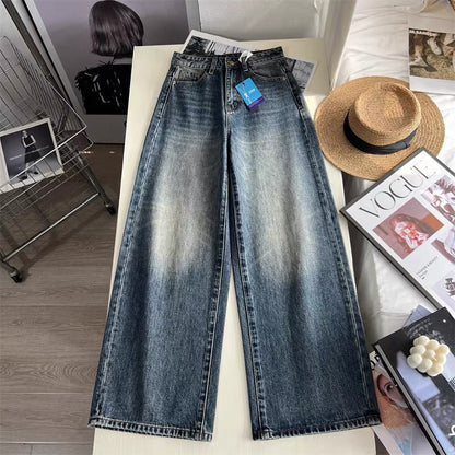 Retro-style distressed whiskers, non-stretch straight leg jeans for women, perfect for autumn, slimming and flowy wide-leg style.
