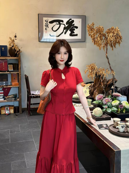 New Chinese Style Lei Yingjun [Rouge Kou] Retro Suit Women's Stand Collar Button Top Elegant and Slimming Skirt