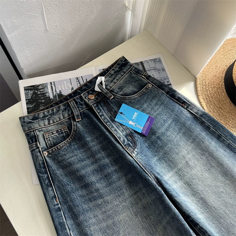 Retro-style distressed whiskers, non-stretch straight leg jeans for women, perfect for autumn, slimming and flowy wide-leg style.