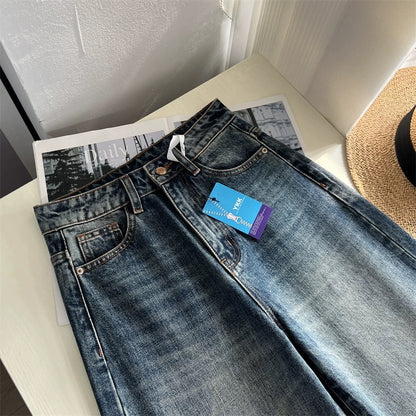 Retro-style distressed whiskers, non-stretch straight leg jeans for women, perfect for autumn, slimming and flowy wide-leg style.