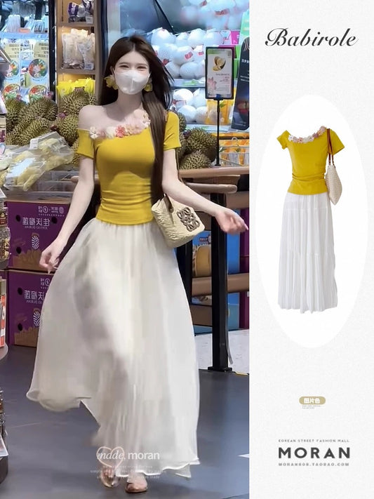 Summer's most beautiful outfit: a complete set of off-shoulder three-dimensional flower yellow T-shirt top and mid-length gauze skirt two-piece suit