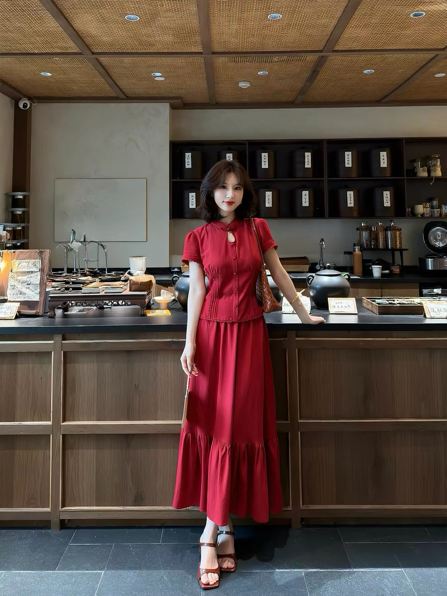New Chinese Style Lei Yingjun [Rouge Kou] Retro Suit Women's Stand Collar Button Top Elegant and Slimming Skirt