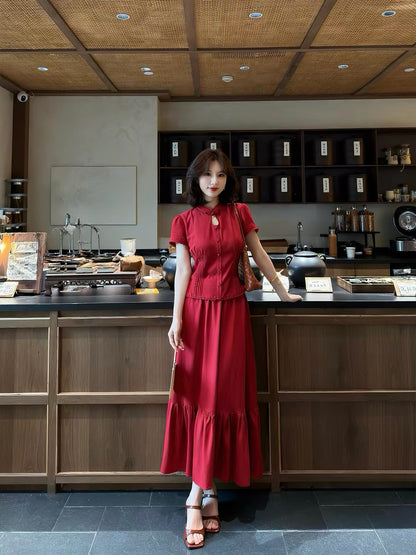 New Chinese Style Lei Yingjun [Rouge Kou] Retro Suit Women's Stand Collar Button Top Elegant and Slimming Skirt