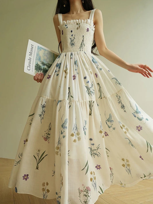 Aconiconi｜Qionghuaque French sweet botanical print small fresh suspender waist slimming dress