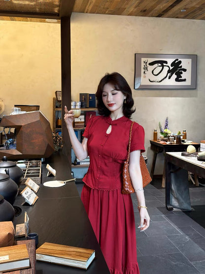 New Chinese Style Lei Yingjun [Rouge Kou] Retro Suit Women's Stand Collar Button Top Elegant and Slimming Skirt