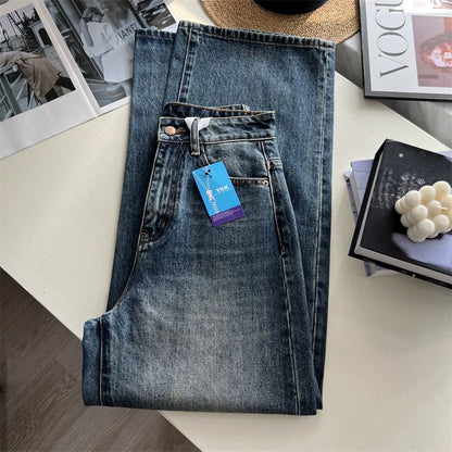 Retro-style distressed whiskers, non-stretch straight leg jeans for women, perfect for autumn, slimming and flowy wide-leg style.