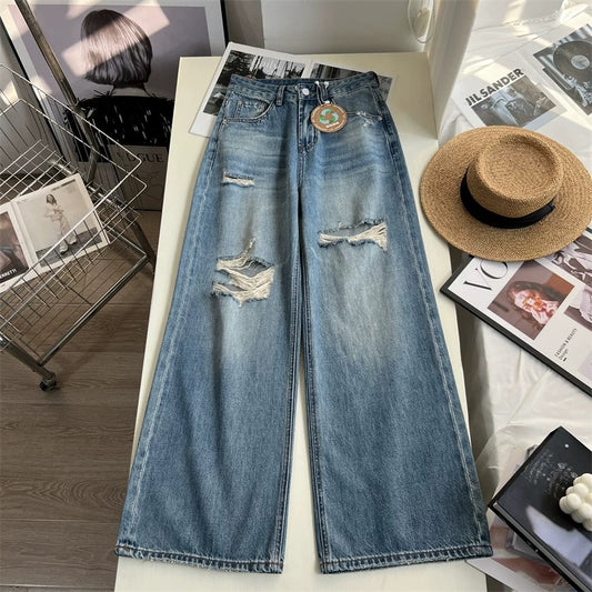 American retro style! Thin ripped jeans for women, stylish and chic, loose and casual straight-leg wide-leg pants.