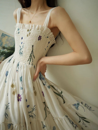 Aconiconi｜Qionghuaque French sweet botanical print small fresh suspender waist slimming dress