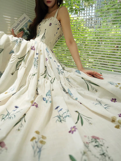 Aconiconi｜Qionghuaque French sweet botanical print small fresh suspender waist slimming dress