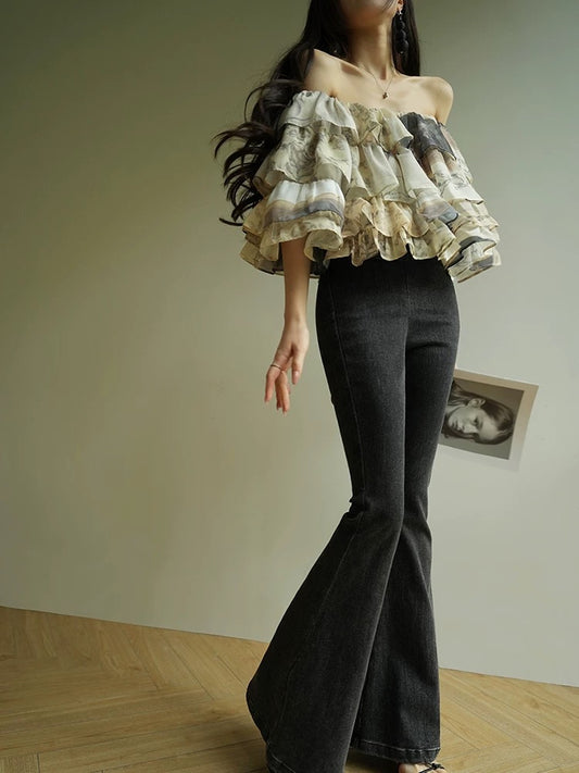 Aconiconi｜Edenlin French romantic one-shoulder ruffled design seaside vacation short shirt women