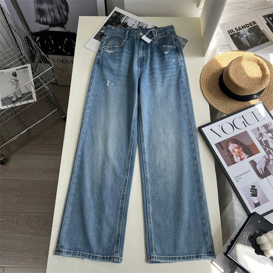 High-end washed denim! Tencel Lyocell cool-feel ripped straight leg jeans, slim fit wide-leg floor-length pants for spring and summer.